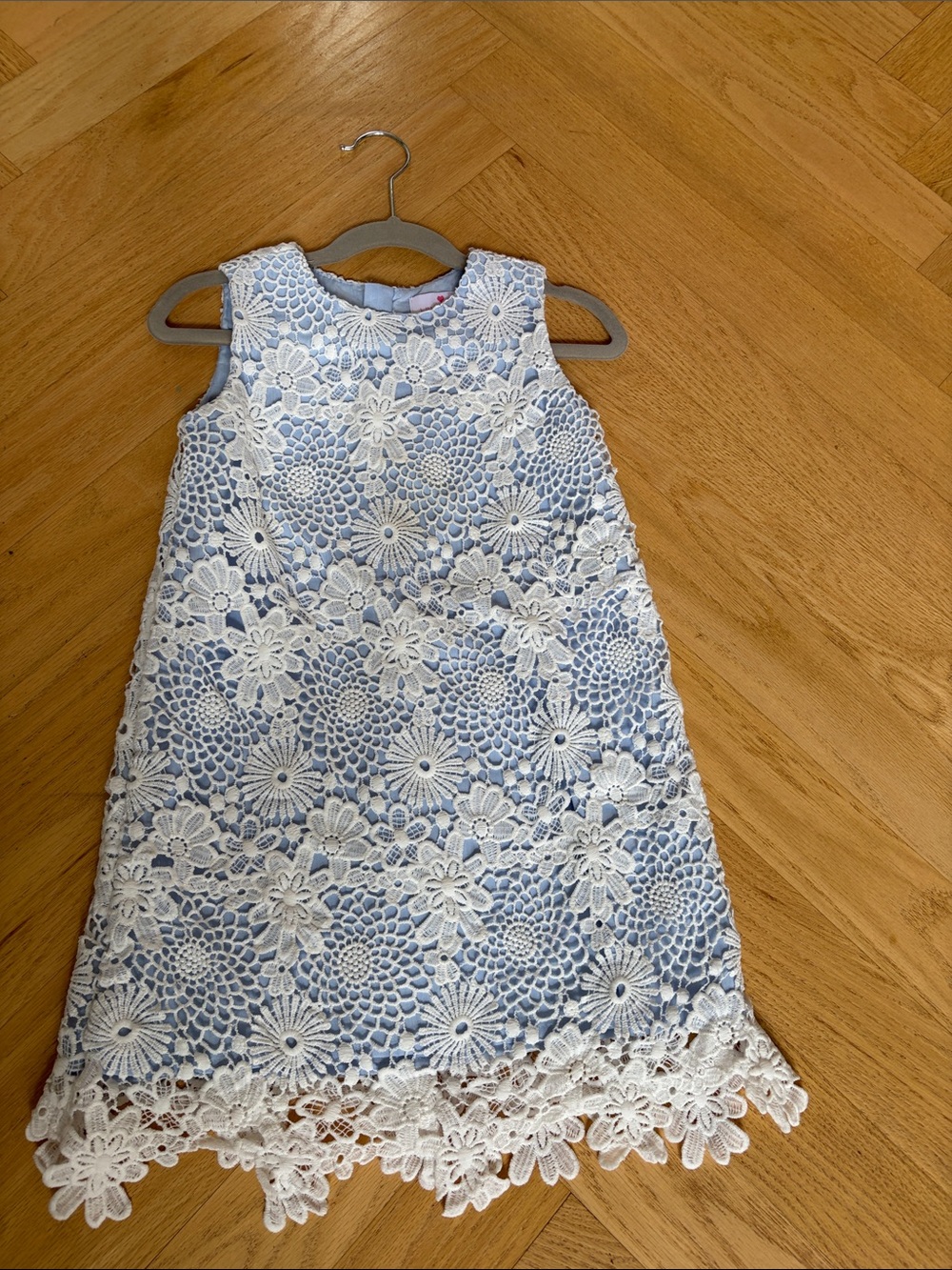 Girls Light Blue Dress with White Floral Lace Overlay